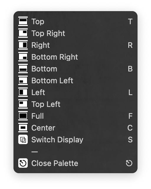Screenshot of "Keyboard Maestro -> Palettes -> Window Management"