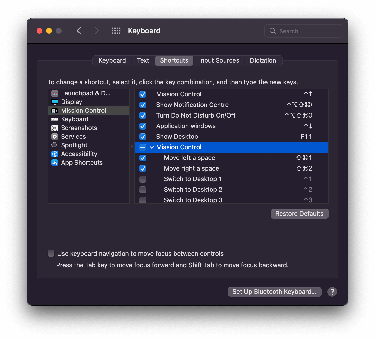 Screenshot of "System Preferences → Keyboard → Shortcuts"