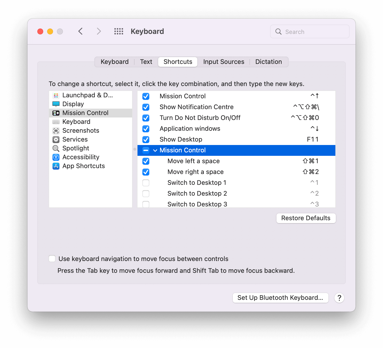 Screenshot of "System Preferences → Keyboard → Shortcuts"